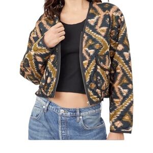 Free People Peggy Ikat Black and Gold Quilted Bomber Jacket